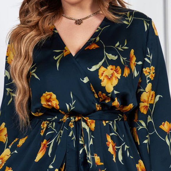 Melo Apparel Plus Size Floral Print Surplice Neck Midi Dress - Picture 3 of 8